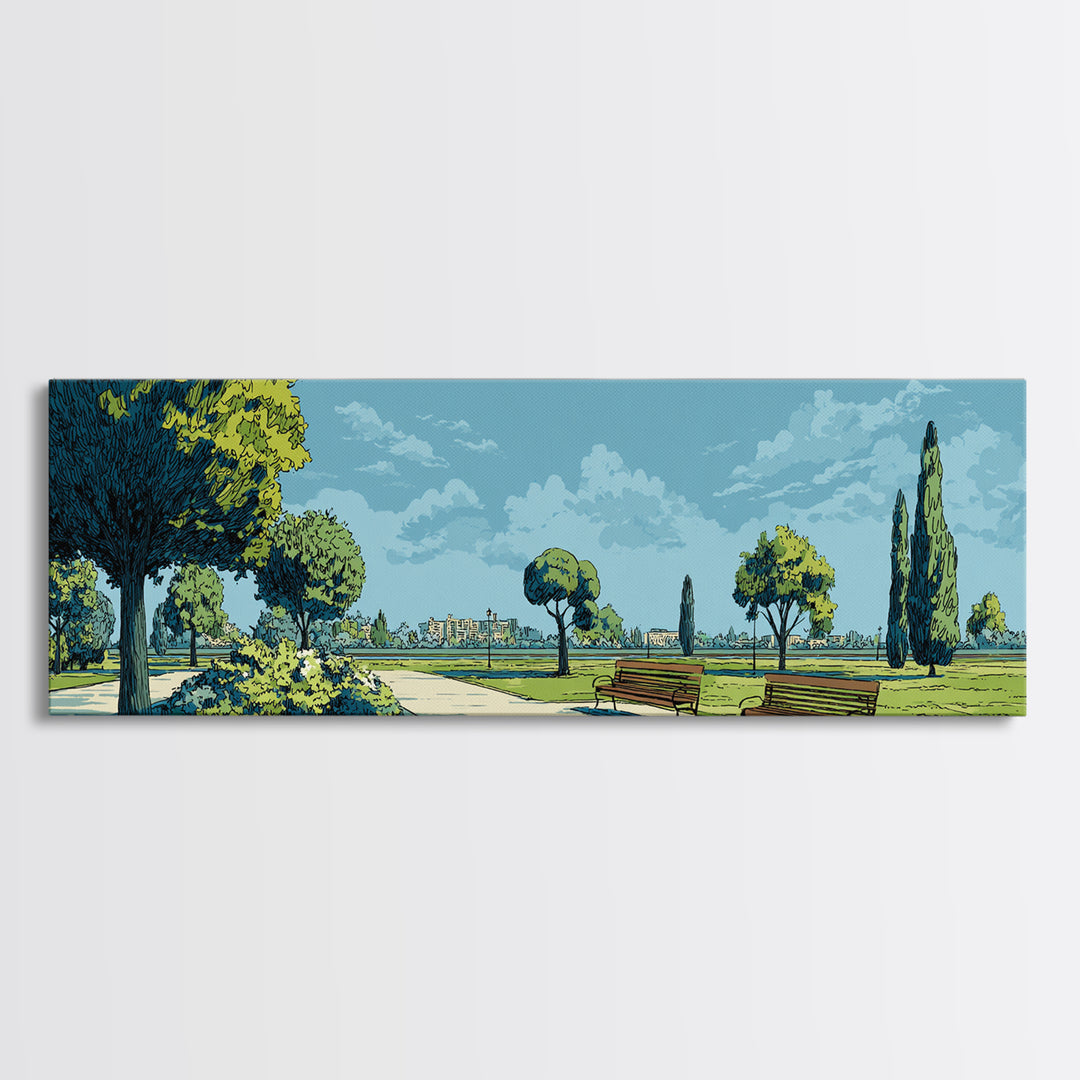 Blue Lakeside Park With Benches Wall Art, Mid Century Modern Landscape Print, Scenic Nature Poster, Home Office Wall Decor
