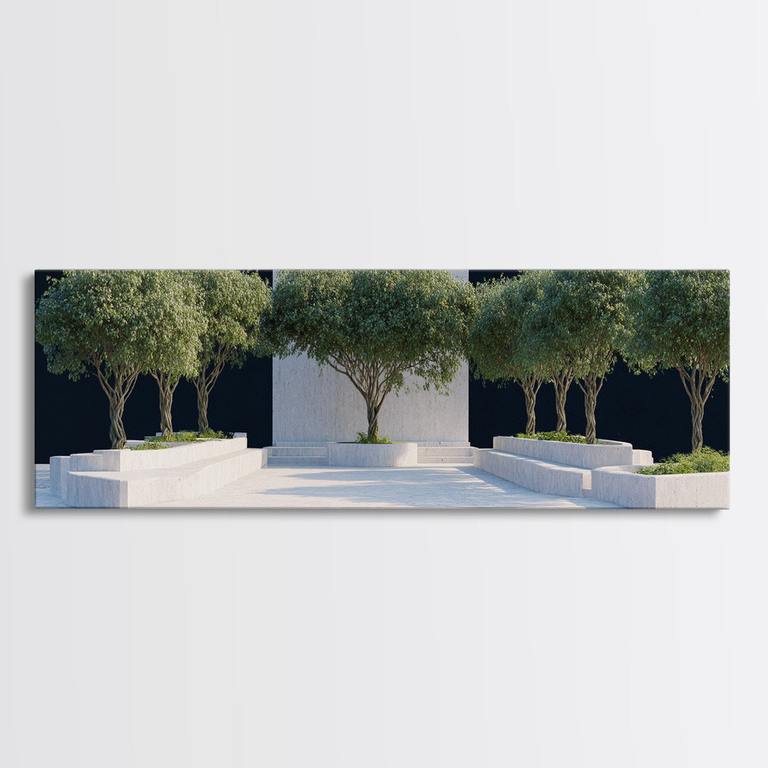 Mediterranean Olive Tree Courtyard Framed Canvas Print, Modern Wall Art, Architectural Landscape, Minimalist Home Decor Art