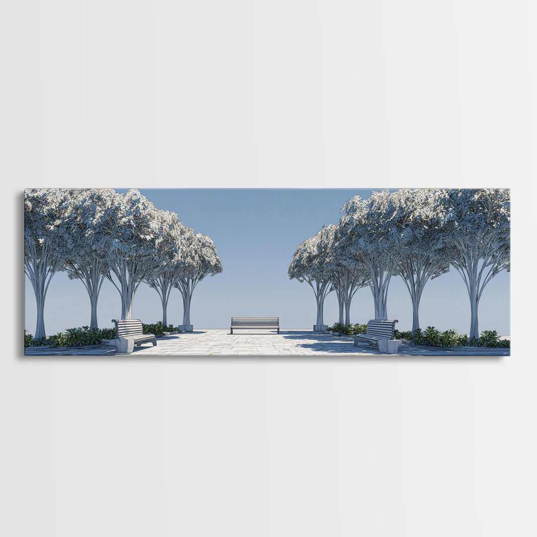 Symmetrical Winter Tree Promenade Canvas Print, Modern Wall Art, Scandinavian Landscape, Blue White Minimalist Wall Decor