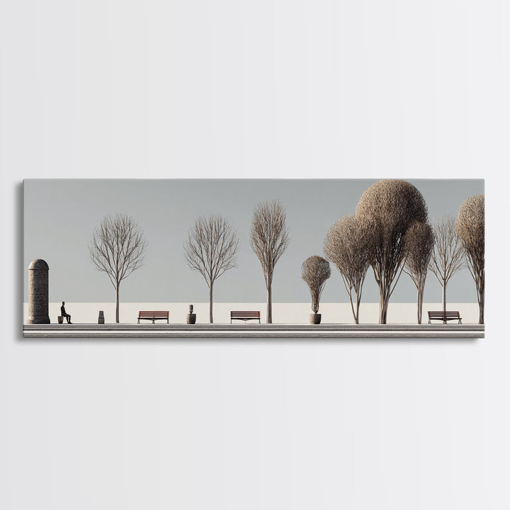 Minimal Winter Promenade With Bare Trees And Benches Wall Art, Modern Landscape Print, Scandinavian Decor, Office Art, Home Decor