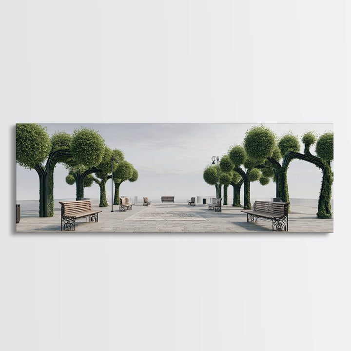 Coastal Boardwalk With Sculpted Green Trees And Benches Framed Canvas Print, Modern Wall Art, Beach House Decor Landscape