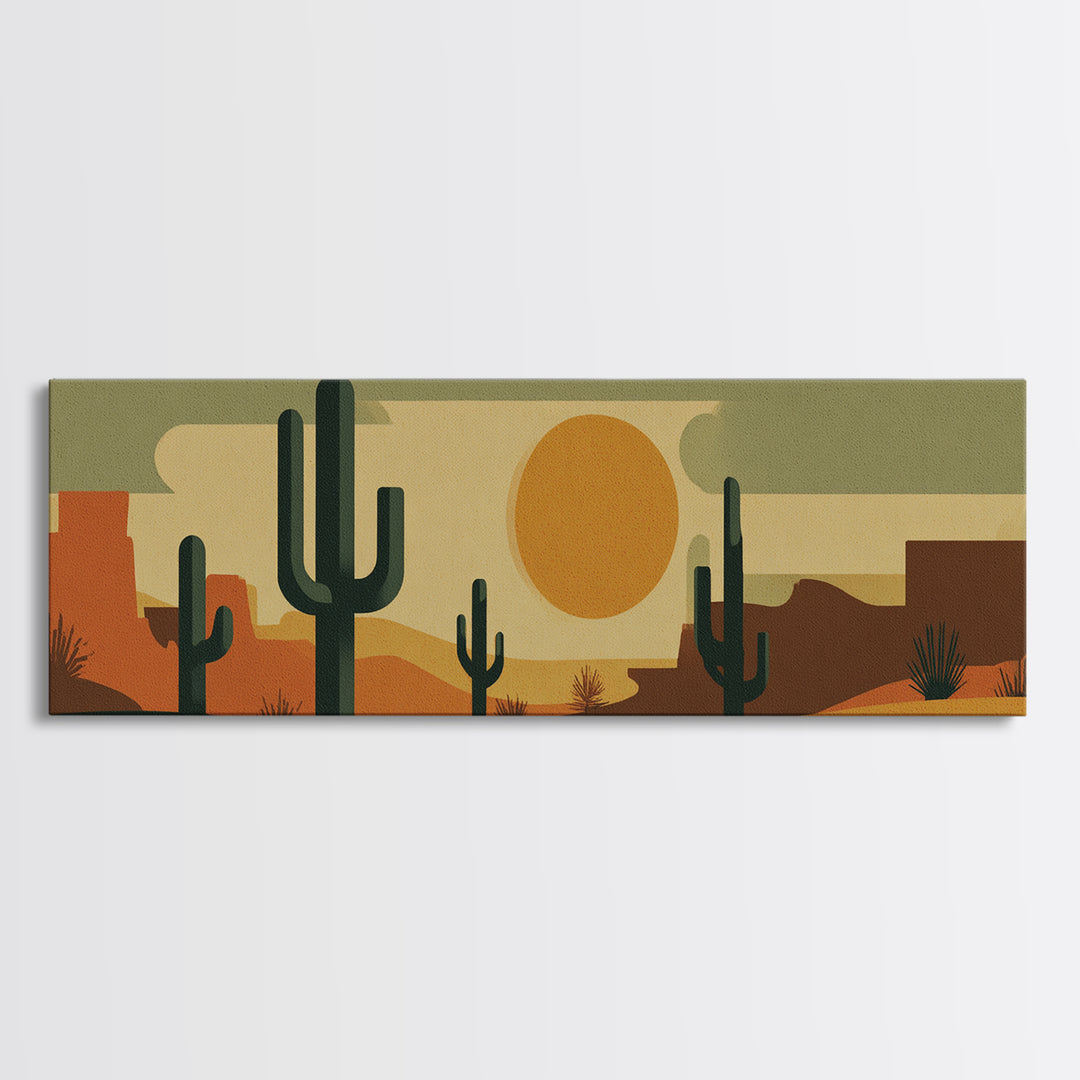 Retro Desert Cactus Scene With Orange Sun And Mesas Canvas Print, Mid Century Modern Wall Art, Southwest Decor Poster Print