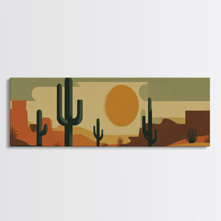 Retro Desert Cactus Scene With Orange Sun And Mesas Canvas Print, Mid Century Modern Wall Art, Southwest Decor Poster Print