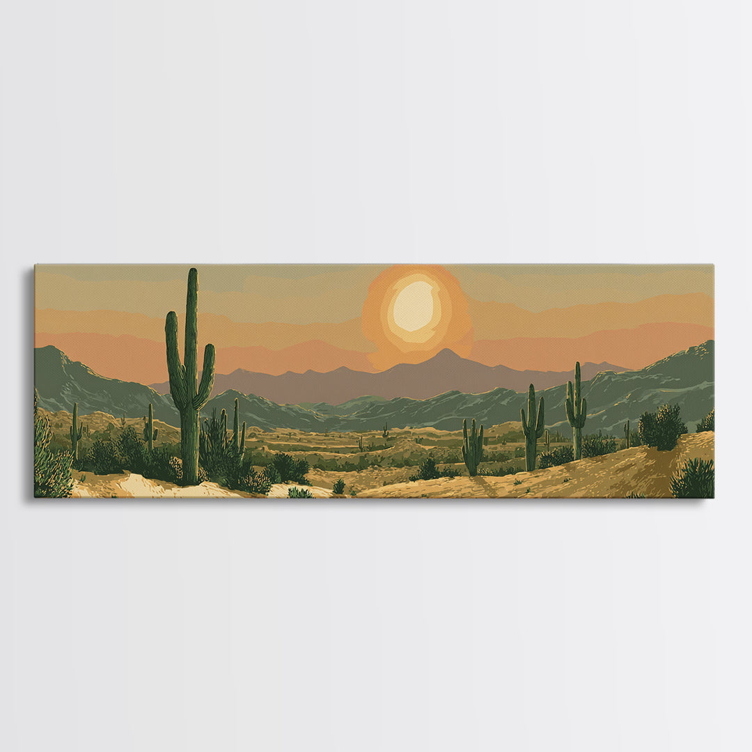 Golden Desert Valley Sunset With Saguaros And Mountains Wall Art, Southwest Landscape Print, Midcentury Modern Home Decor