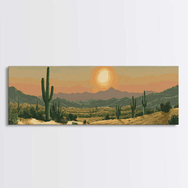 Golden Desert Valley Sunset With Saguaros And Mountains Wall Art, Southwest Landscape Print, Midcentury Modern Home Decor