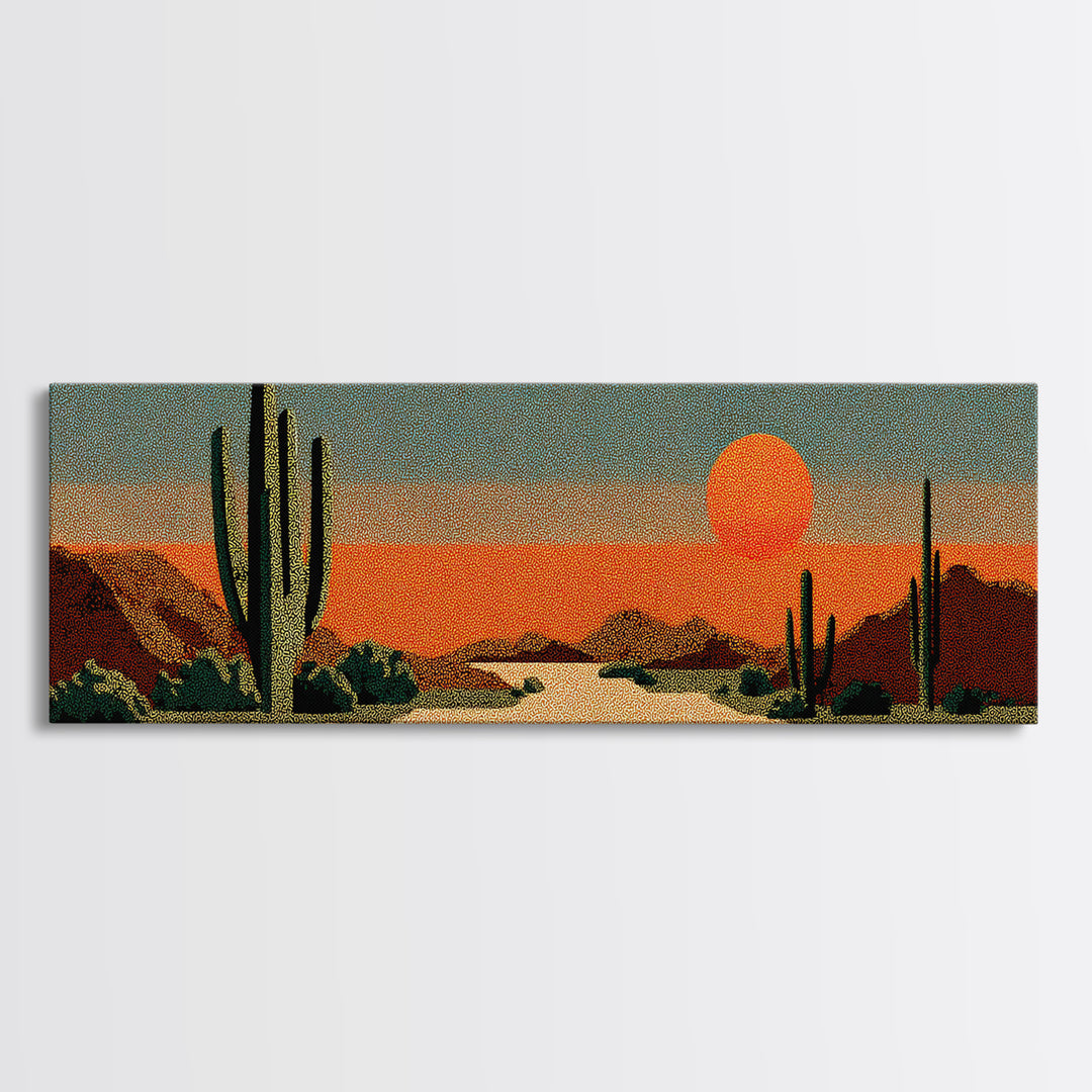 Textured Saguaro Desert With Orange Sun And Rust Mountains Canvas Print, Retro Wall Art, Midcentury Modern Southwest Decor