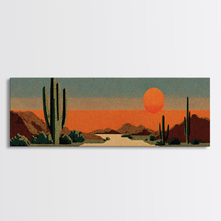 Textured Saguaro Desert With Orange Sun And Rust Mountains Canvas Print, Retro Wall Art, Midcentury Modern Southwest Decor