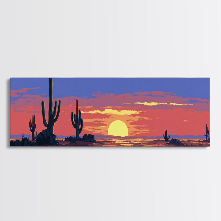 Purple Desert Sunset With Tall Saguaro Cacti And Low Sun Framed Canvas Print, Retro Wall Art, Colorful Southwest Home Decor