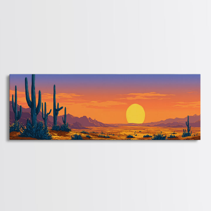Vibrant Desert Sunset With Blue Cacti And Golden Sky Wall Art, Retro Art Print, Colorful Southwest Living Room Decor Poster