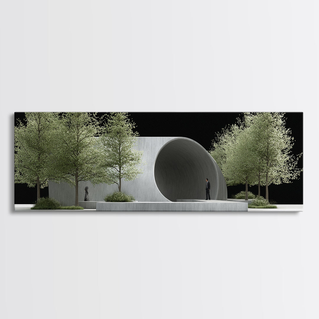 Concrete Circular Pavilion With Silver Trees And Black Sky Framed Canvas Print, Modern Architecture Wall Art, Office Decor