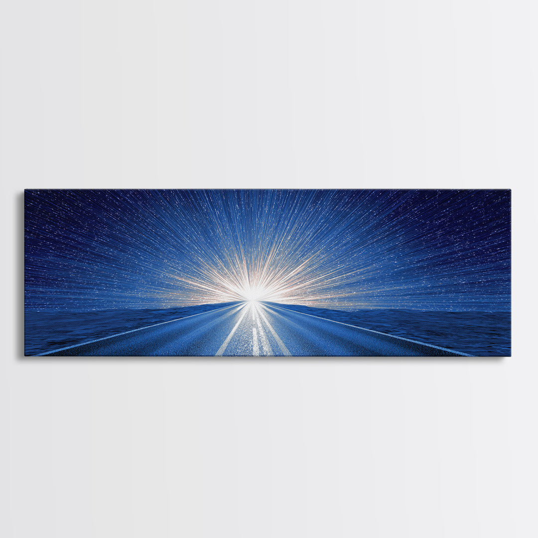 Starry Blue Highway Horizon Framed Canvas Print, Cosmic Retro Wall Art, Modern Digital Art, Space Abstract Decor For Living Room