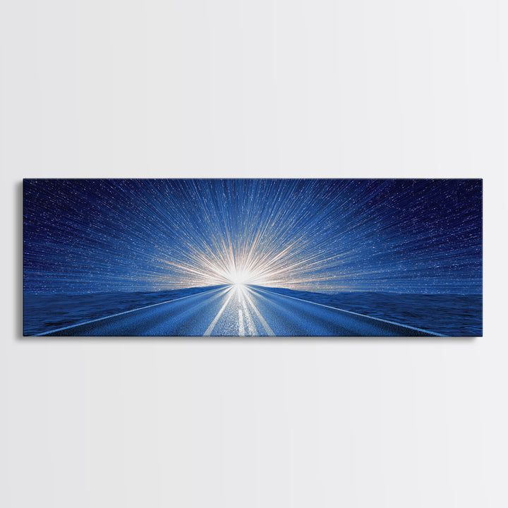 Starry Blue Highway Horizon Framed Canvas Print, Cosmic Retro Wall Art, Modern Digital Art, Space Abstract Decor For Living Room