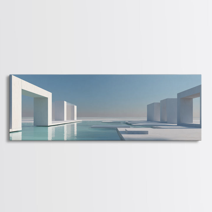 Minimal White Geometric Seaside Architecture With Blue Pool Wall Art, Modern Coastal Print, Luxury Home Decor, Office Art