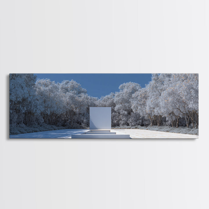 Snowy Minimal Monument Wall Art, Winter Forest Landscape Canvas, Blue White Modern Home Decor, Serene Scandinavian Print