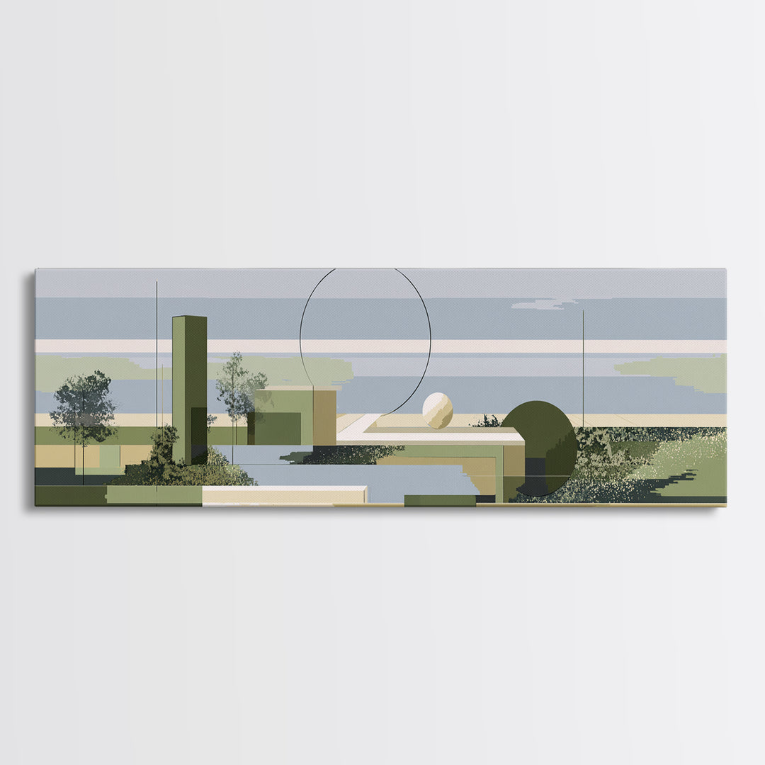 Midcentury Coastal Architecture Wall Art, Olive Green Geometric Landscape, Modern Abstract Decor, Minimalist Canvas Print