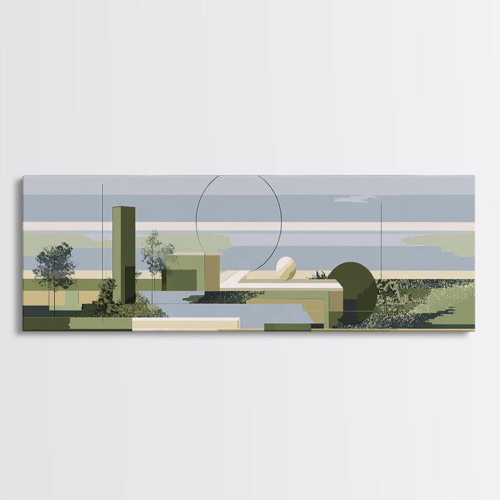 Midcentury Coastal Architecture Wall Art, Olive Green Geometric Landscape, Modern Abstract Decor, Minimalist Canvas Print