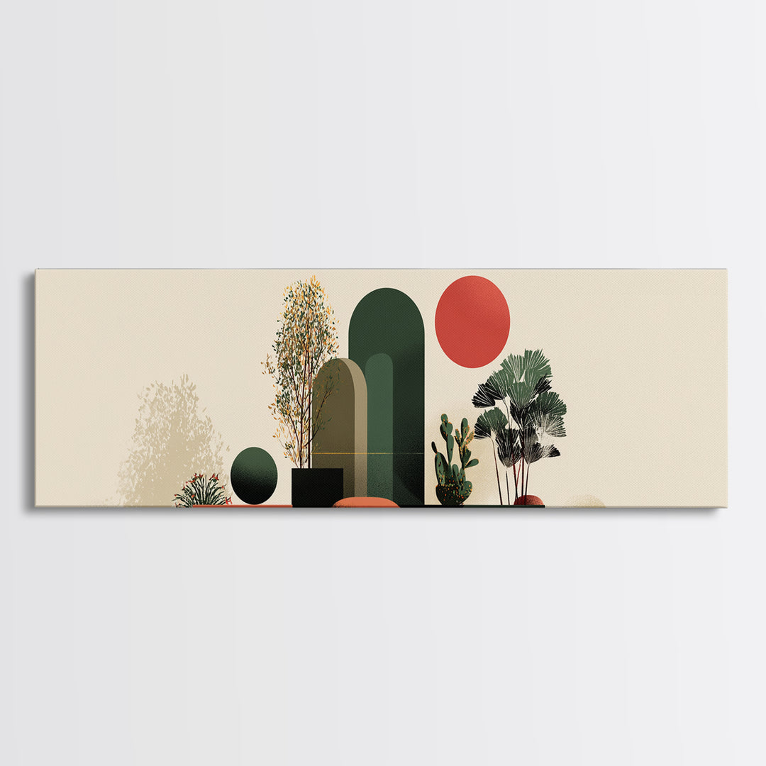 Abstract Botanical Still Life Wall Art, Red Sun And Green Arches, Midcentury Modern Decor, Boho Scandinavian Canvas Print