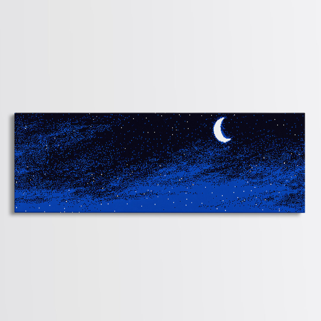 Blue Starry Crescent Moon Wall Art, Night Sky Celestial Canvas, Minimal Modern Decor, Boho Nursery Bedroom Art Print Gift