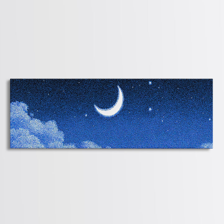 Glowing Crescent Moon And Cloud Wall Art, Blue Starry Sky Canvas, Mystical Celestial Decor, Boho Nursery Bedroom Art Print Gift