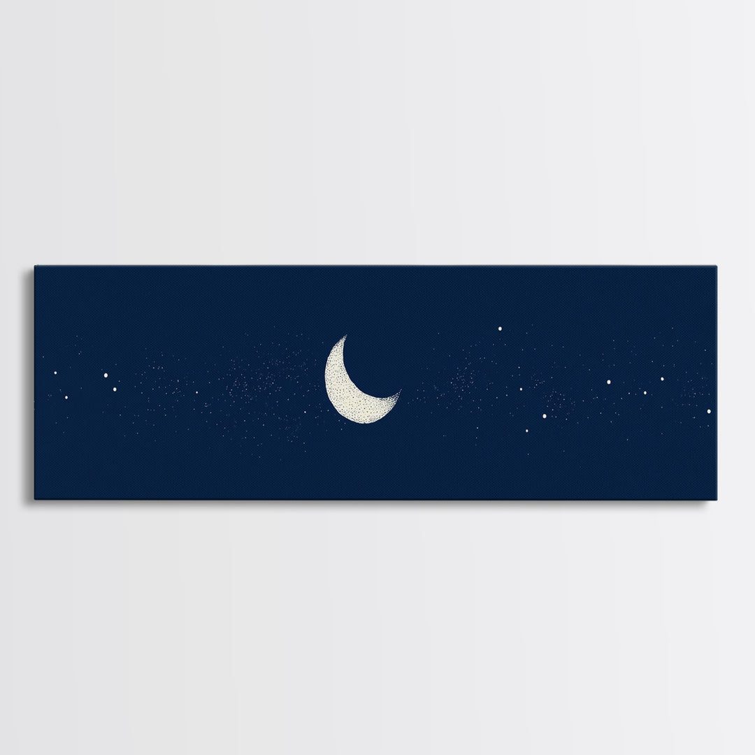 Minimal Navy Crescent Moon Wall Art, Tiny Star Night Sky Canvas, Scandinavian Modern Decor, Celestial Bedroom Art Print Gift