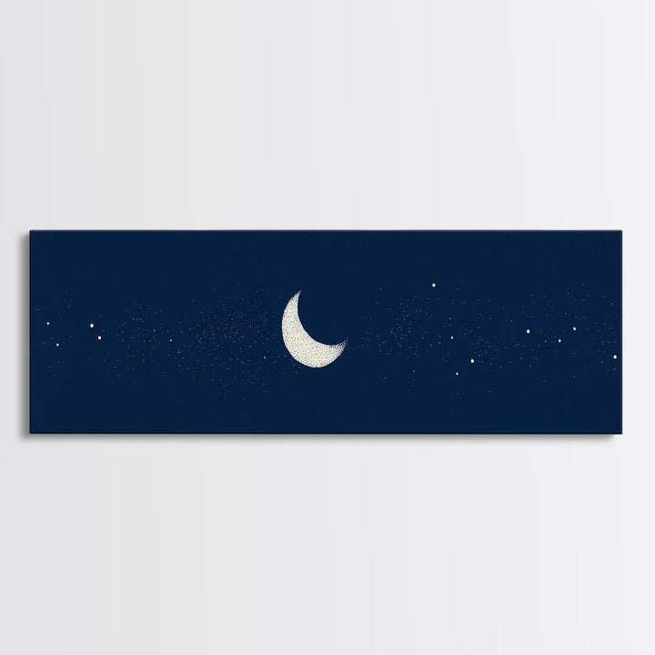 Minimal Navy Crescent Moon Wall Art, Tiny Star Night Sky Canvas, Scandinavian Modern Decor, Celestial Bedroom Art Print Gift