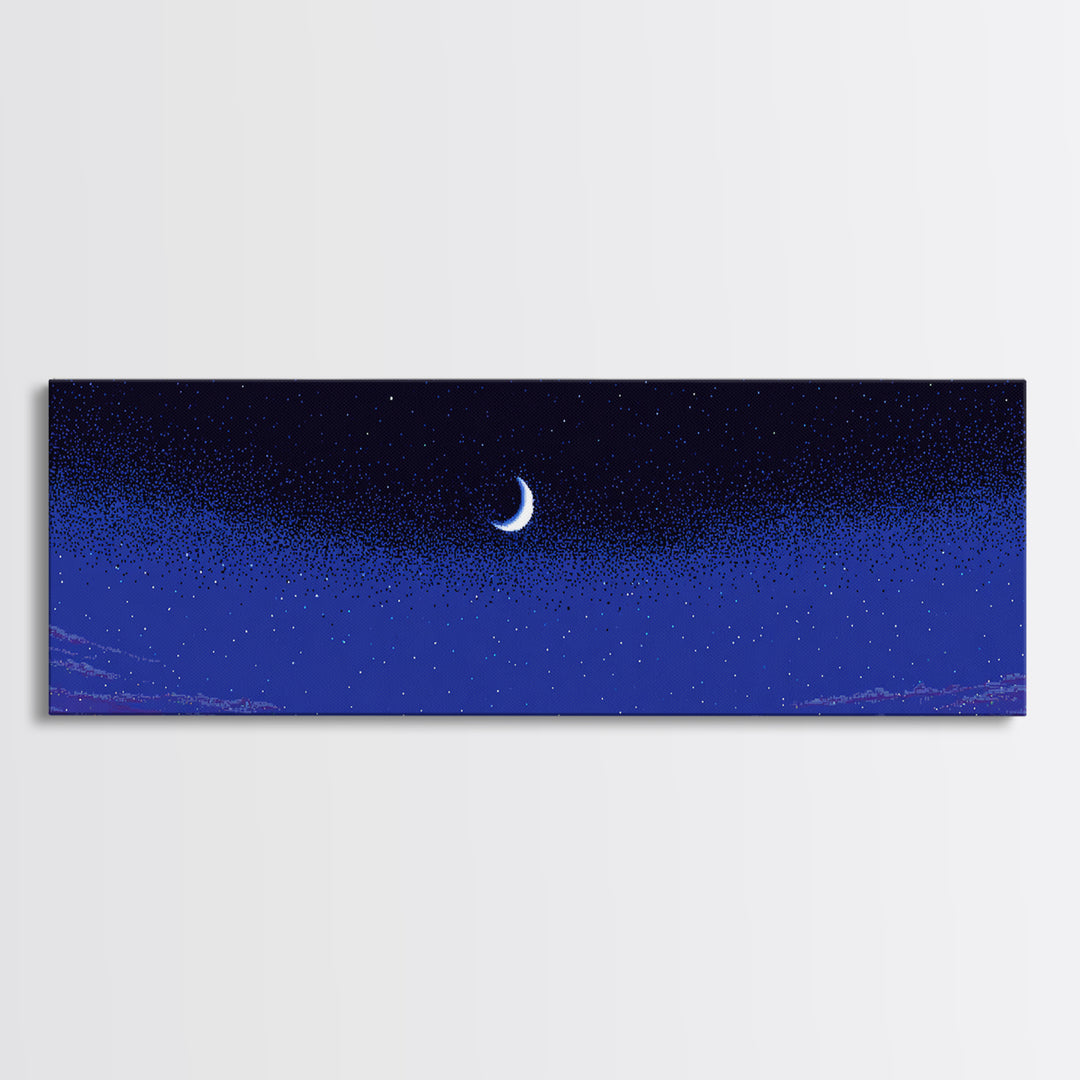Purple Blue Crescent Moon Wall Art, Starry Horizon Night Sky Canvas, Cosmic Retro Decor, Boho Celestial Bedroom Art Print