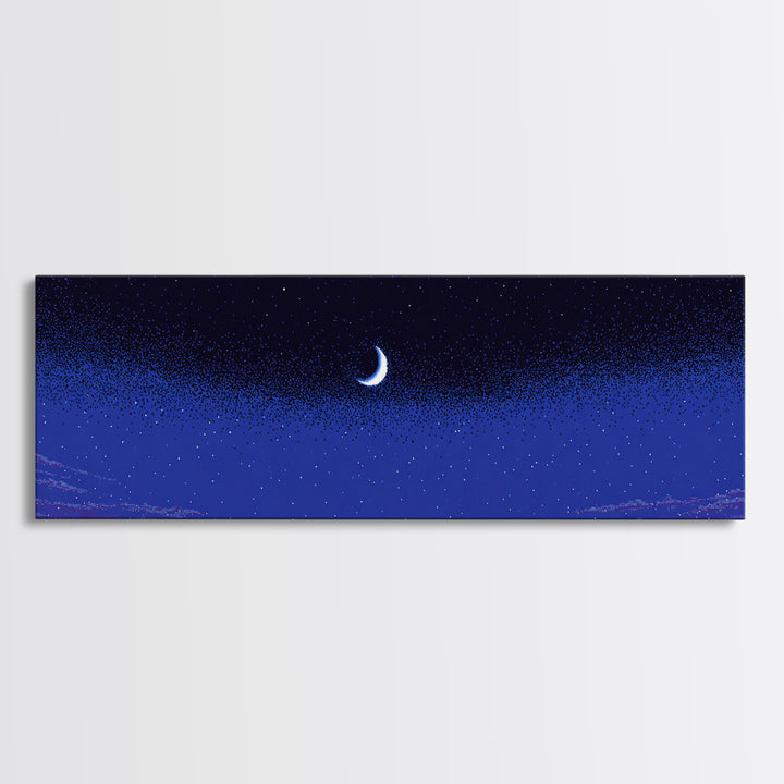 Purple Blue Crescent Moon Wall Art, Starry Horizon Night Sky Canvas, Cosmic Retro Decor, Boho Celestial Bedroom Art Print