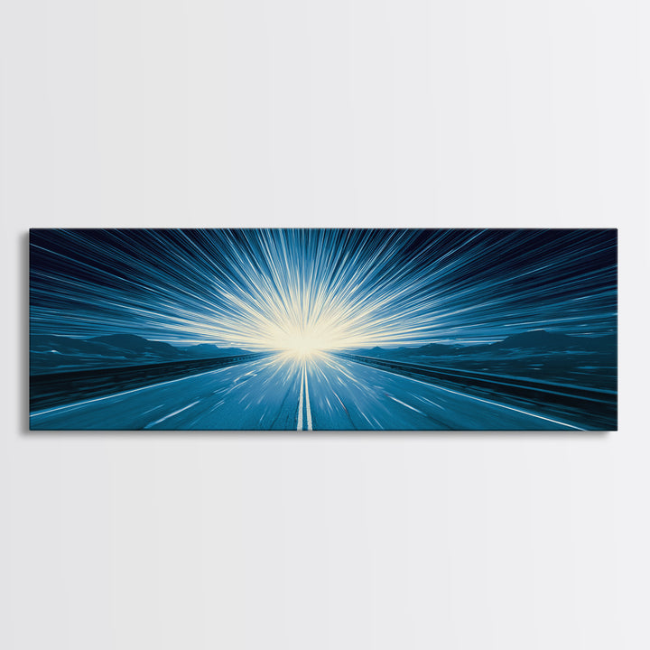 Electric Cyan Light Burst Canvas Print, Sci Fi Retro Wall Art, Modern Abstract Art, Blue Geometric Decor For Office Or Game Room