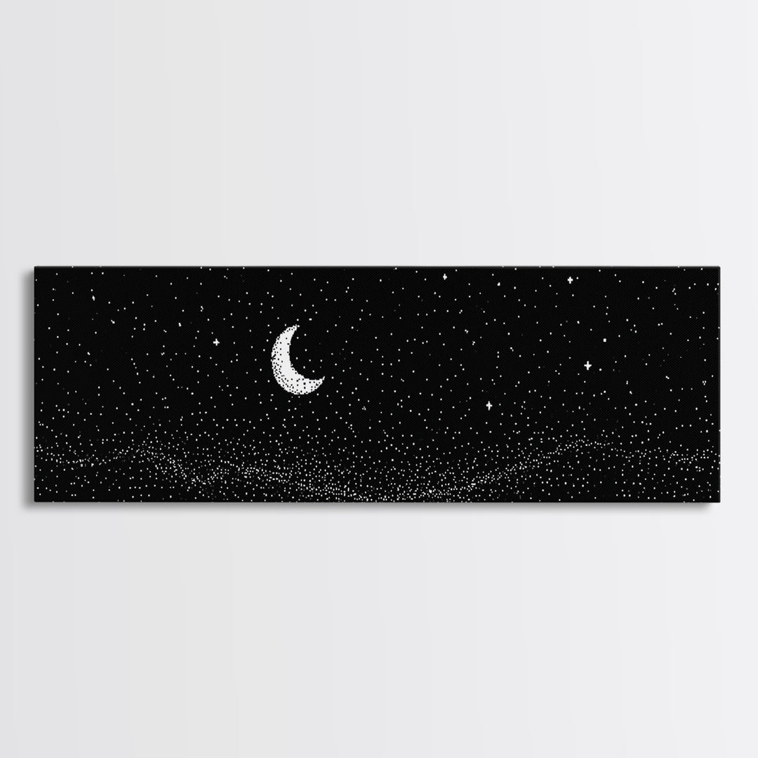 Black Starfield Crescent Moon Wall Art, White Stars Night Sky Canvas, Minimal Celestial Decor, Modern Bedroom Art Print Gift