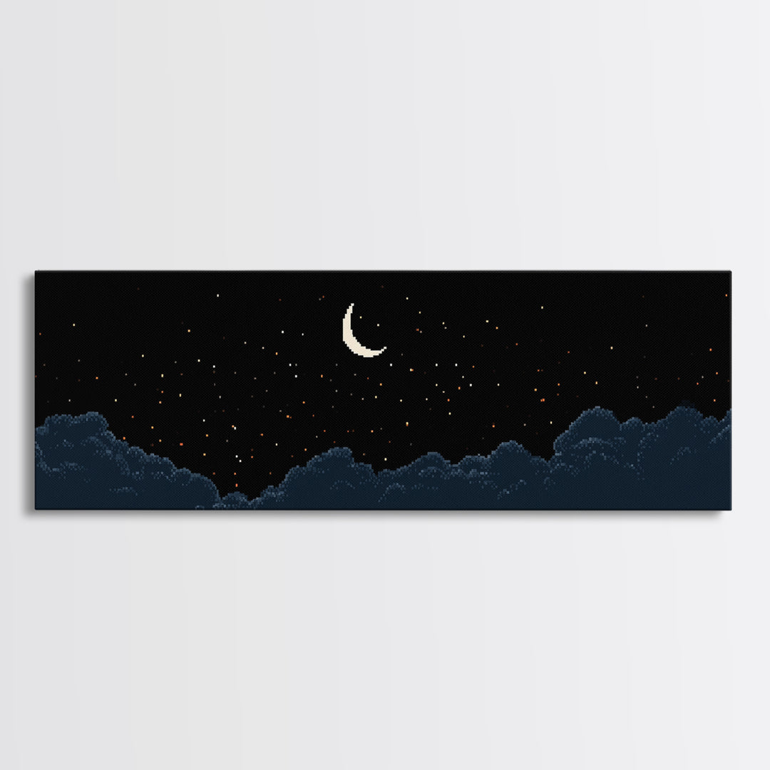 Crescent Moon Starry Night Clouds Wall Art, Pixel Landscape Print, Dark Blue Celestial Decor, Bedroom Office Poster Gift