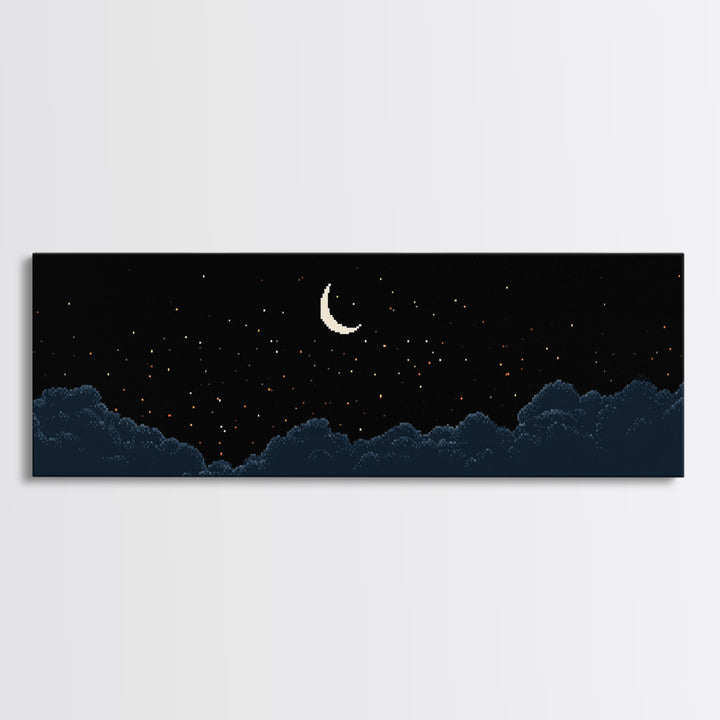 Crescent Moon Starry Night Clouds Wall Art, Pixel Landscape Print, Dark Blue Celestial Decor, Bedroom Office Poster Gift