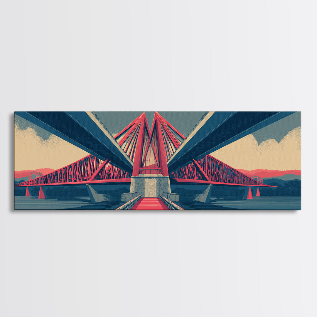 Red Suspension Bridge At Sunset Canvas Print, Midcentury Modern Wall Decor, Architectural Landscape, Retro Travel Poster