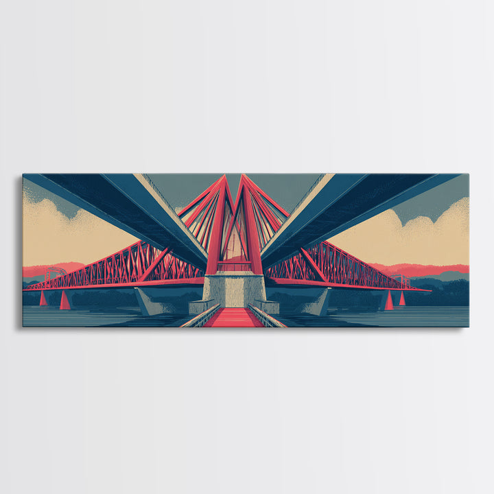 Red Suspension Bridge At Sunset Canvas Print, Midcentury Modern Wall Decor, Architectural Landscape, Retro Travel Poster