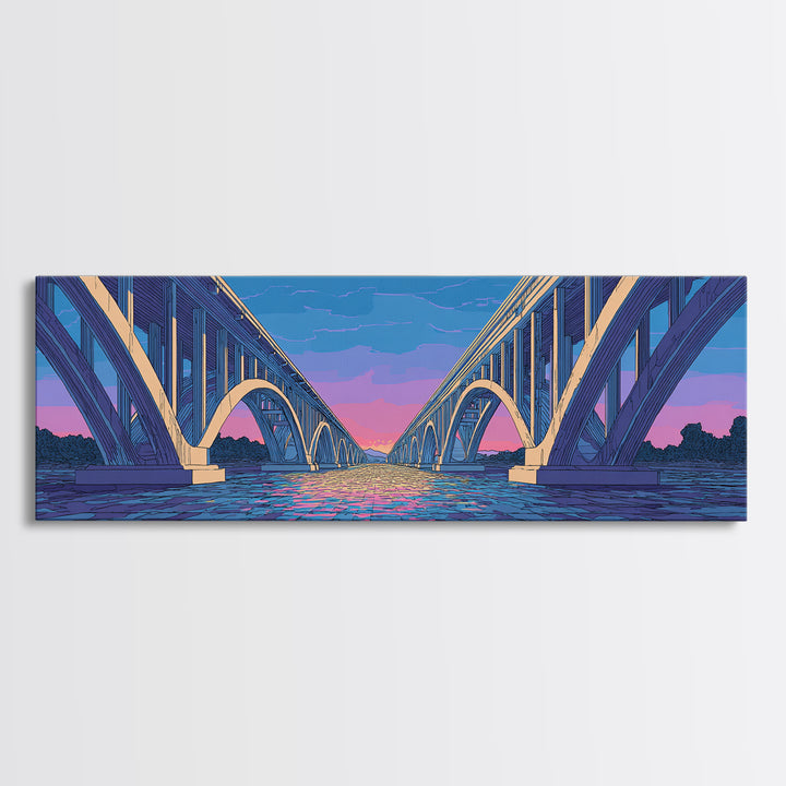 Blue Arch Bridge Sunset Wall Art, Panoramic River Cityscape Print, Modern Architectural Decor, Pink Purple Skyline Poster