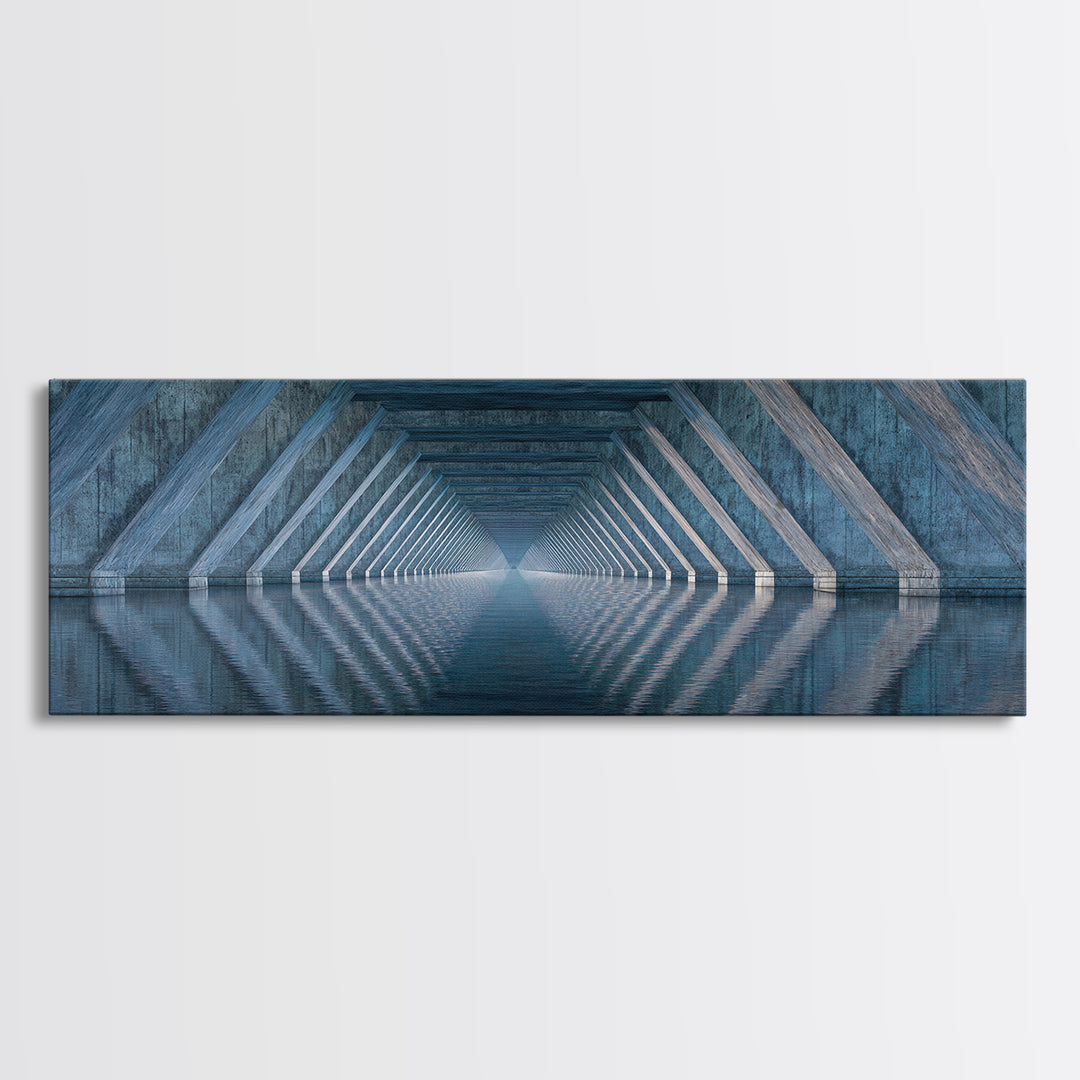 Concrete Underpass Reflections Framed Canvas Print, Geometric Bridge Wall Art, Blue Industrial Decor, Minimalist Poster Print