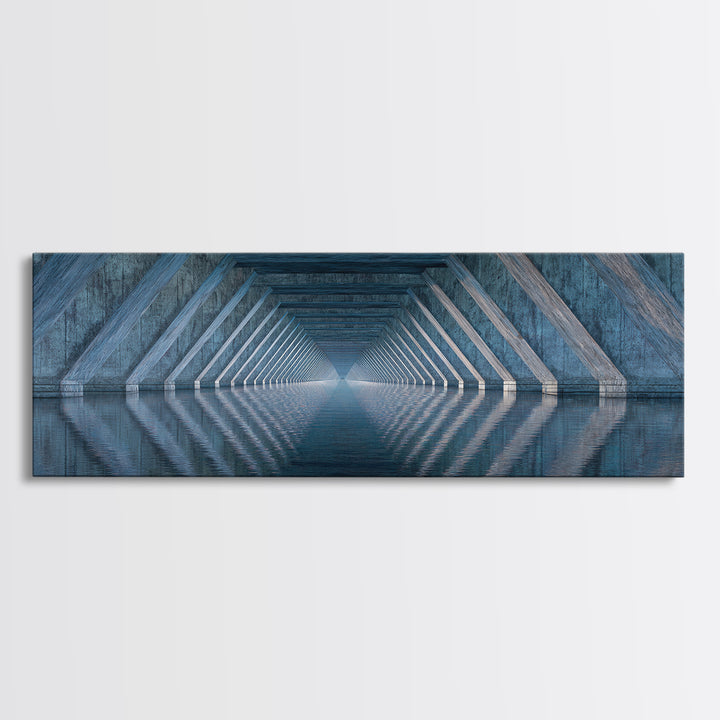 Concrete Underpass Reflections Framed Canvas Print, Geometric Bridge Wall Art, Blue Industrial Decor, Minimalist Poster Print
