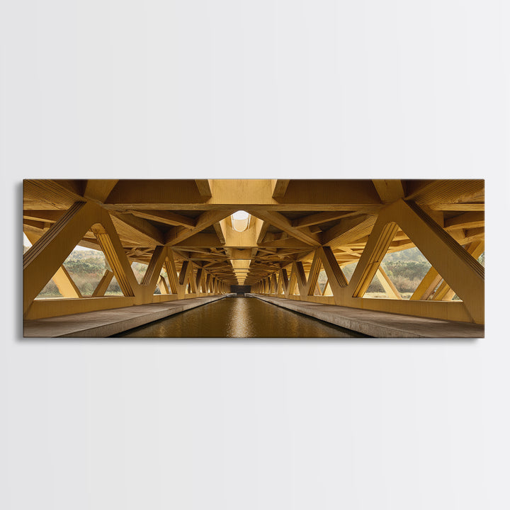 Golden Canal Under Bridge Canvas Print, Symmetrical Architecture Wall Art, Warm Industrial Decor, Modern Perspective Poster