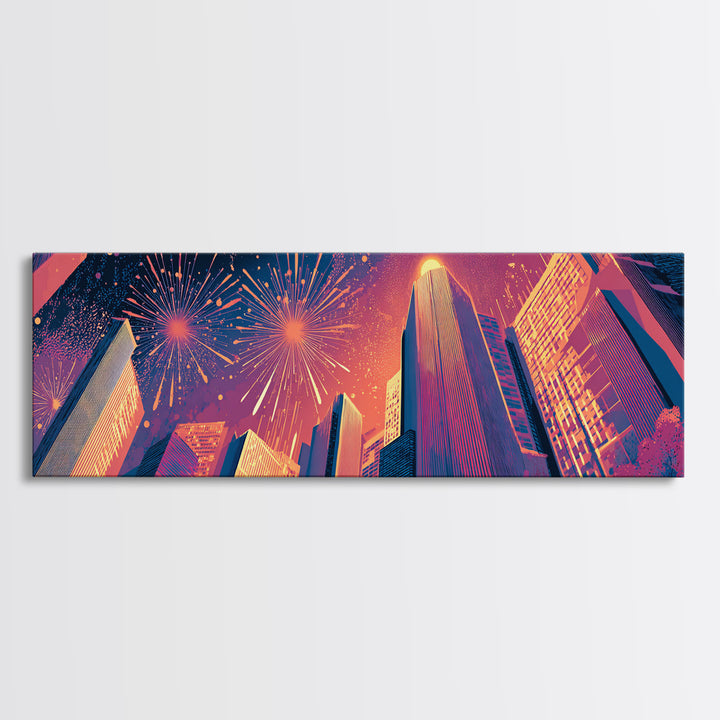 Fireworks Over Skyscrapers Canvas Print, Neon City Night Wall Art, Retro Futuristic Urban Decor, Bold Architecture Poster