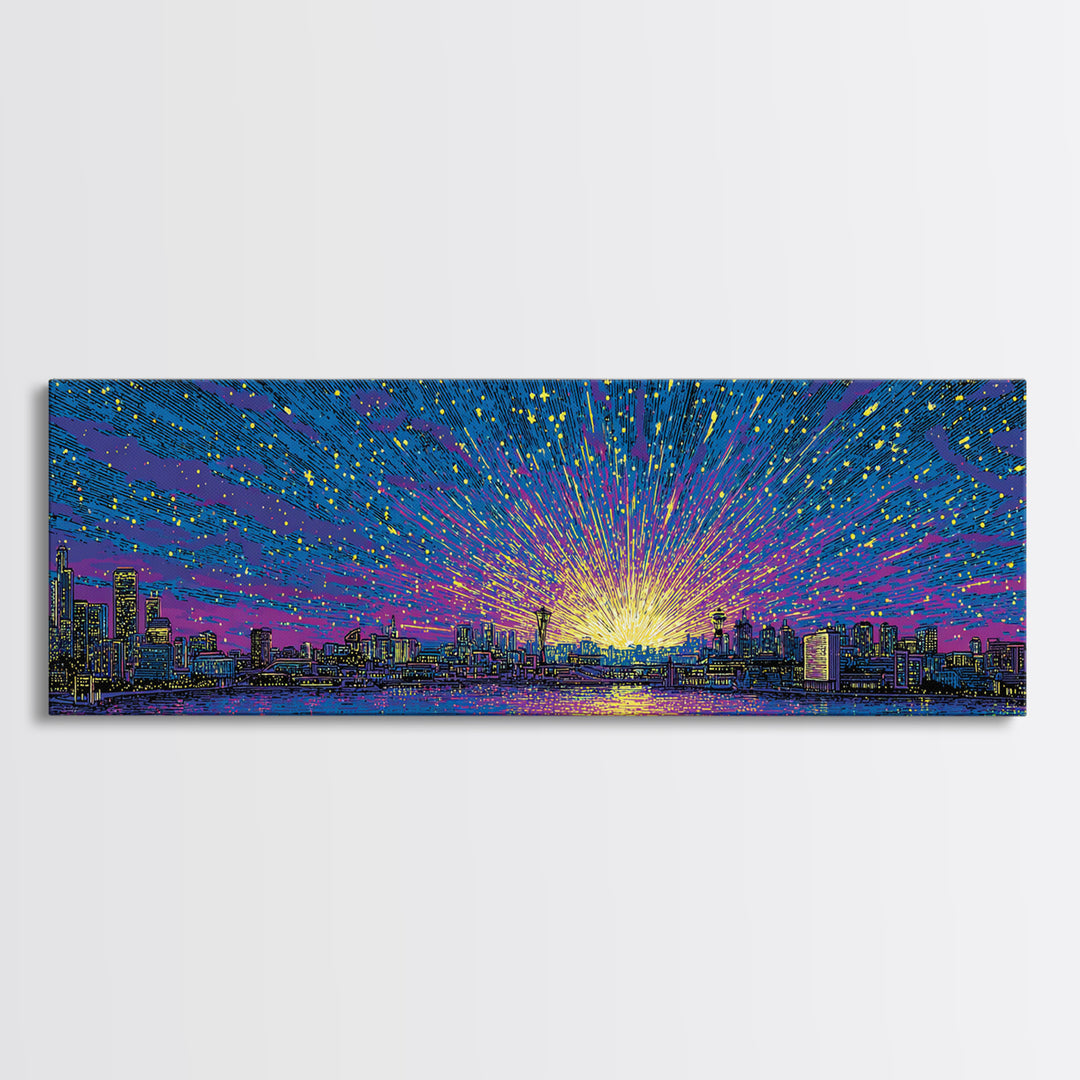 Cosmic Harbor Skyline Sunset Wall Art, Starburst Cityscape Print, Vibrant Blue Purple Decor, Modern Panoramic Poster Gift