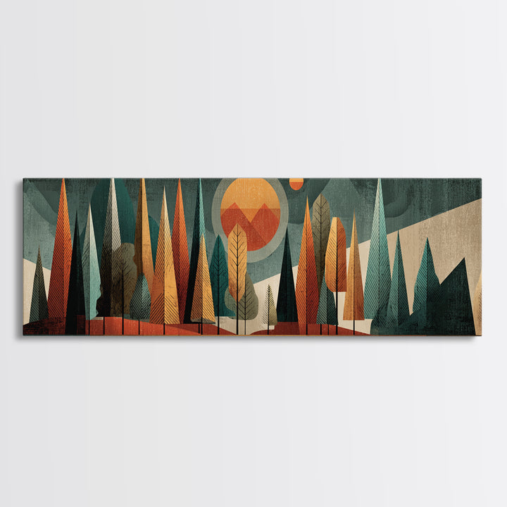 Textured Midcentury Forest Sun Wall Art, Orange Teal Landscape, Atomic Modern Art Print, Retro Home Decor For Living Room