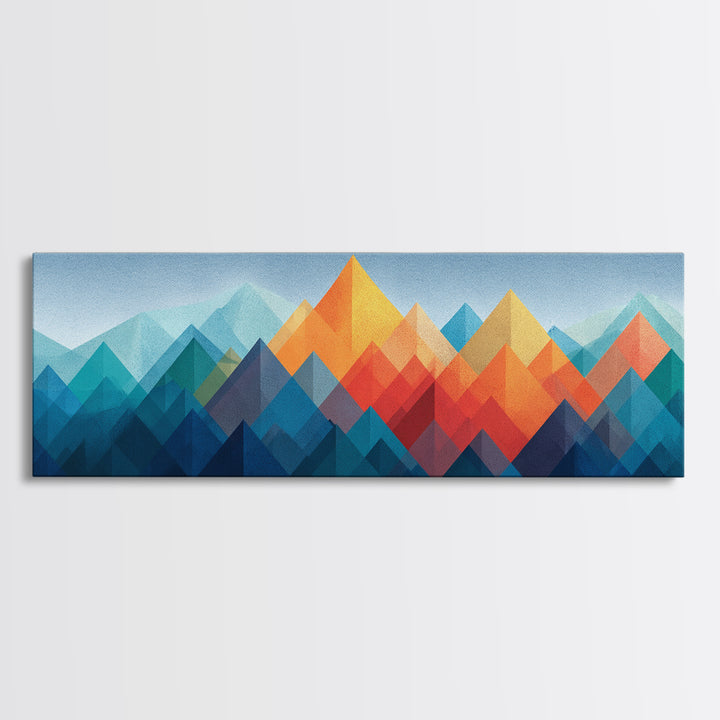Blue Orange Faceted Mountain Range Framed Canvas Print, Mid Century Modern Abstract Art, Geometric Wall Decor Poster For Living Room
