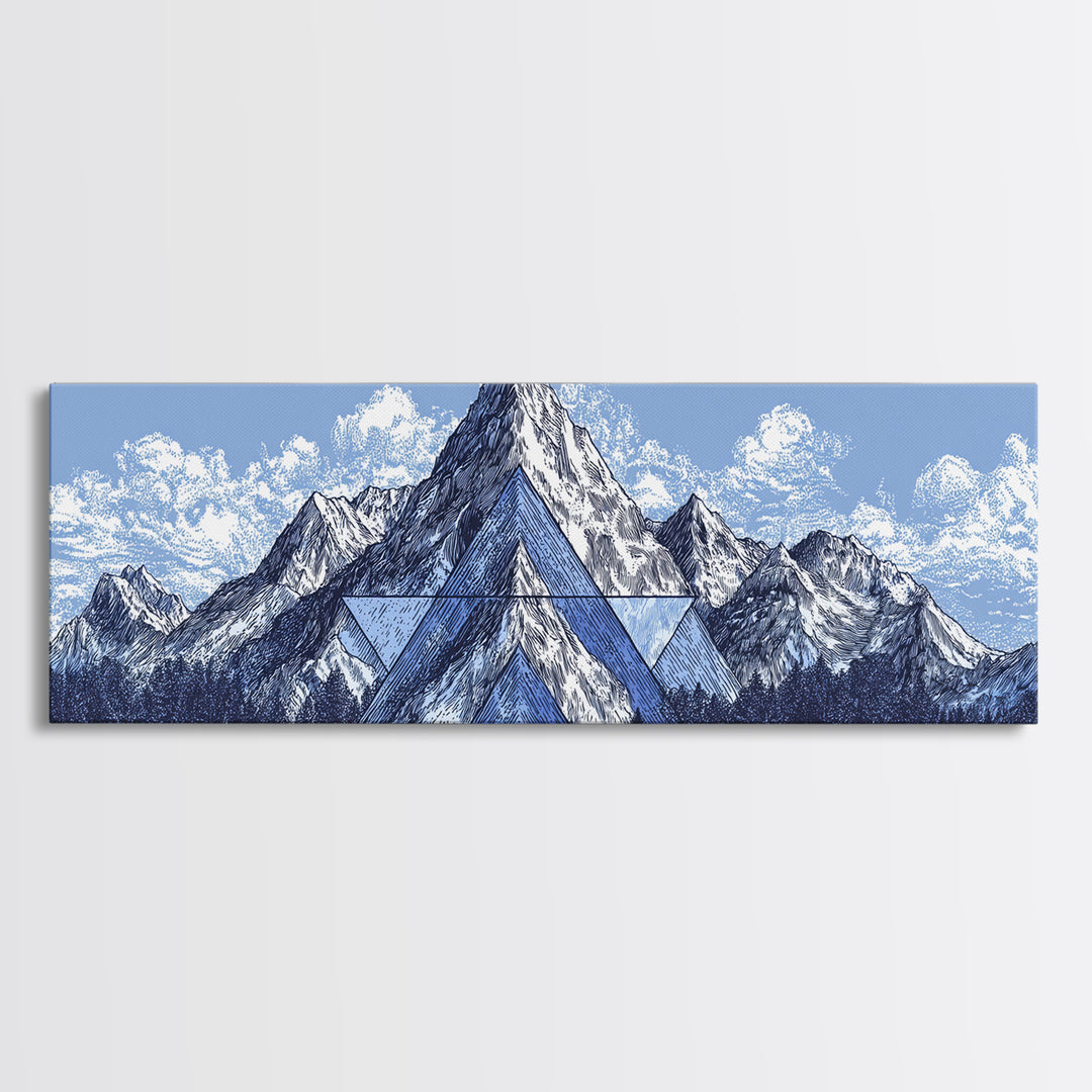 Snowy Alpine Mountain Sketch Wall Art, Blue White Landscape Print, Modern Geometric Poster, Office And Living Room Decor