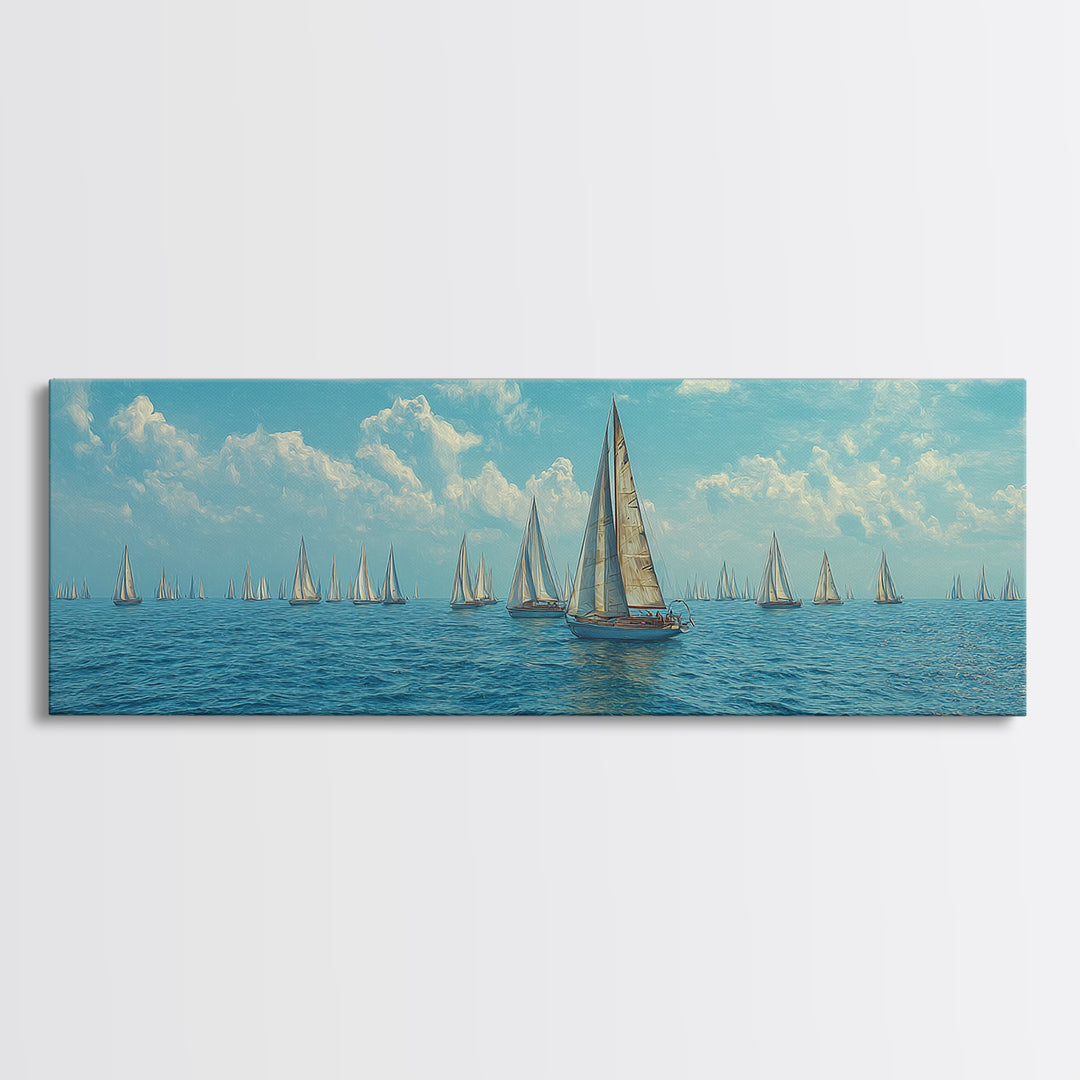 Impressionist Sailboat Fleet Canvas Print, Coastal Wall Art, Blue Ocean Landscape Poster, Nautical Decor For Living Room