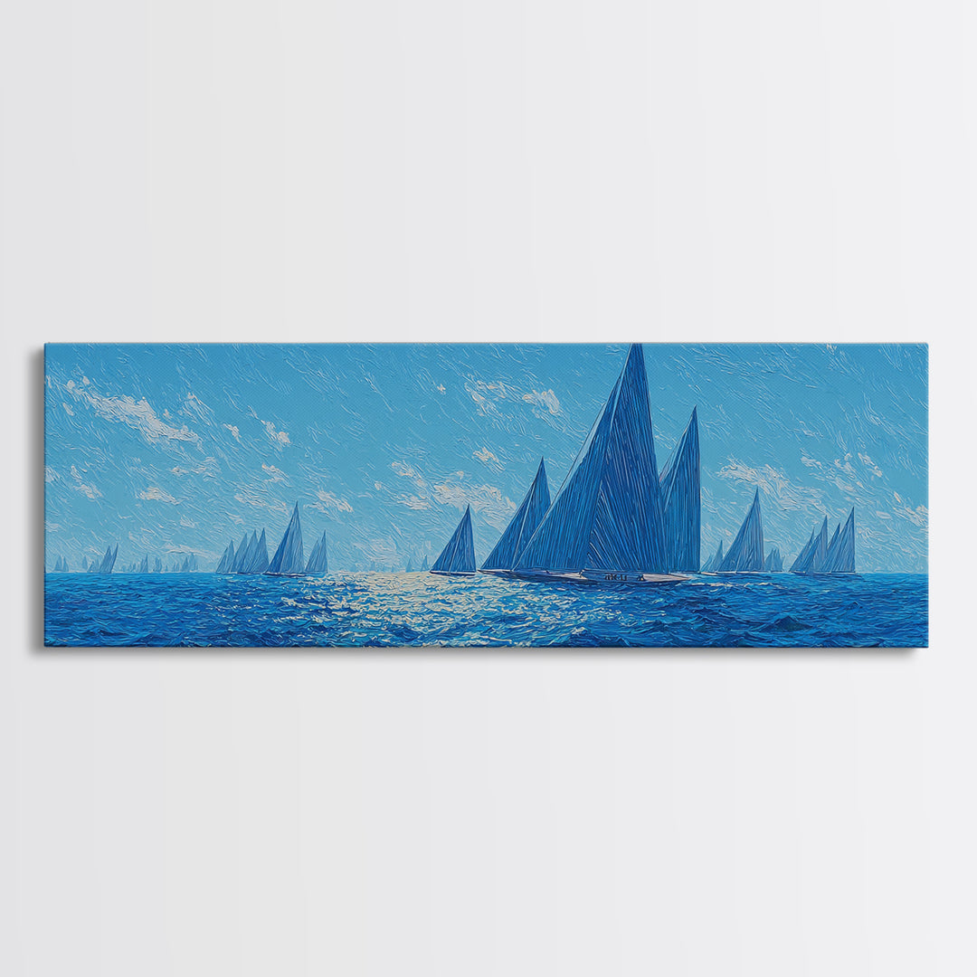 Deep Blue Sailboat Horizon Framed Canvas Print, Coastal Wall Art, Nautical Ocean Decor, Modern Landscape Poster For Office