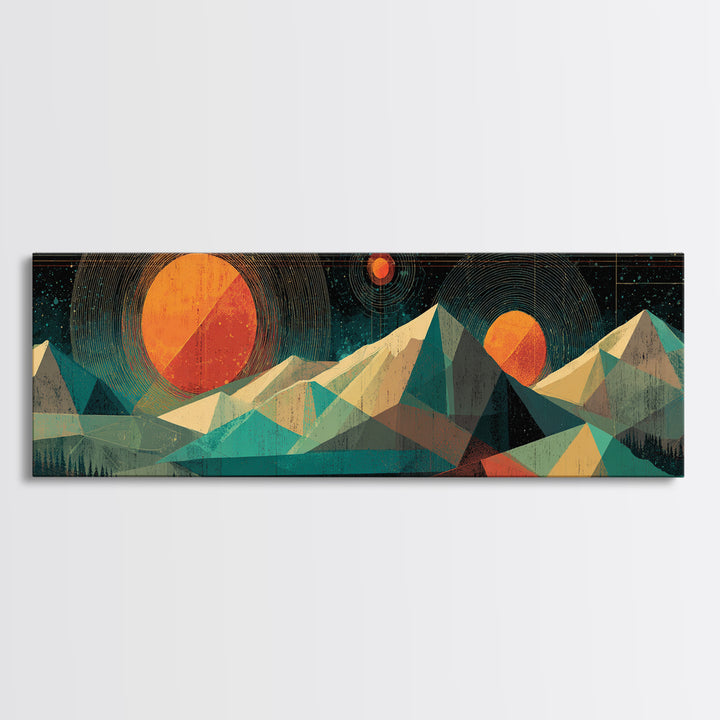 Geometric Mountain Suns Framed Canvas Print, Midcentury Modern Wall Art, Teal Orange Abstract Decor, Retro Landscape Poster