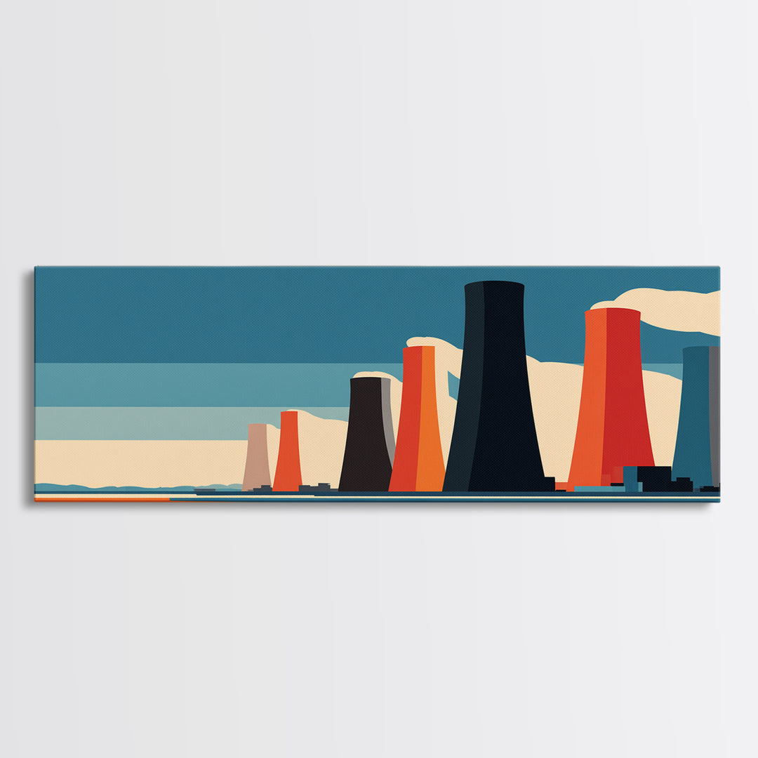 Retro Nuclear Cooling Towers At Desert Horizon Wall Art, Midcentury Modern Industrial Landscape, Bold Orange Blue MCM Decor