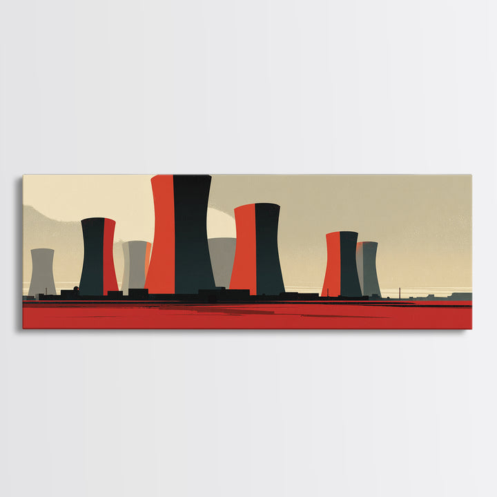 Minimal Cooling Towers On Red Plain Canvas Print, Midcentury Modern Industrial Landscape, Atomic Power Plant Wall Decor Art
