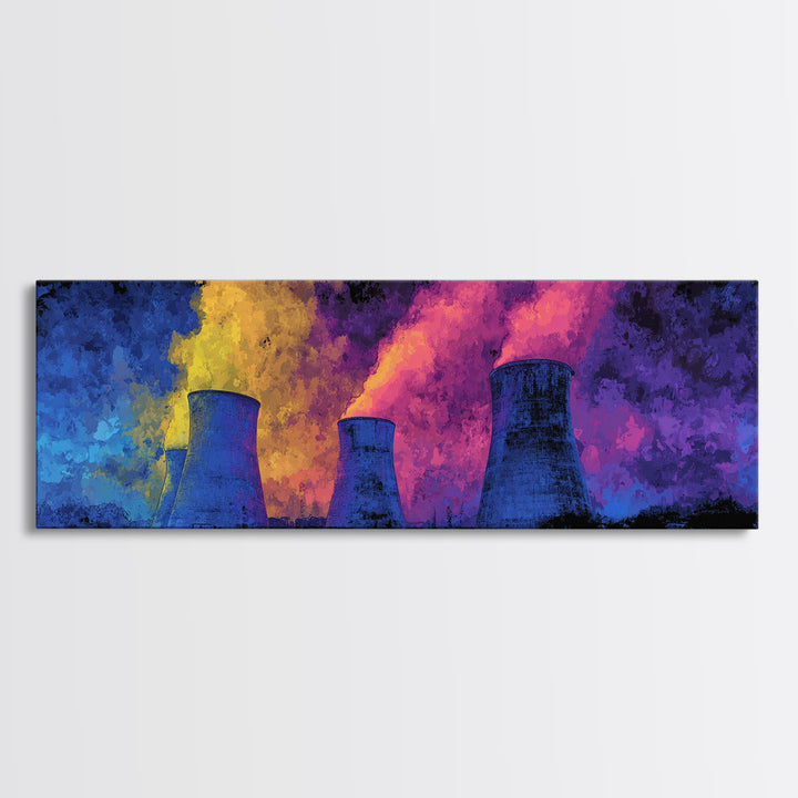 Blue Nuclear Towers With Neon Smoke Framed Canvas Print, Retro Sci Fi Industrial Wall Art, Colorful Modern Abstract Decor