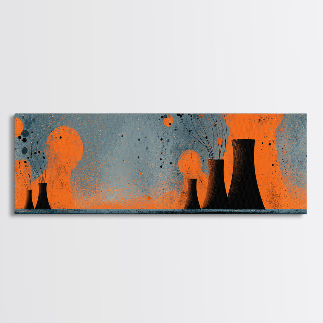 Orange Atomic Cooling Towers At Dusk Wall Art, Midcentury Modern Industrial Landscape, Retro Abstract Power Plant Decor Print