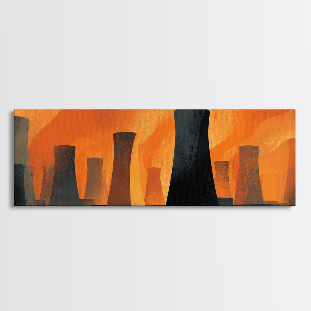 Black Cooling Tower Silhouettes In Orange Heat Canvas Print, Midcentury Modern Industrial Wall Art, Bold Atomic Decor Poster